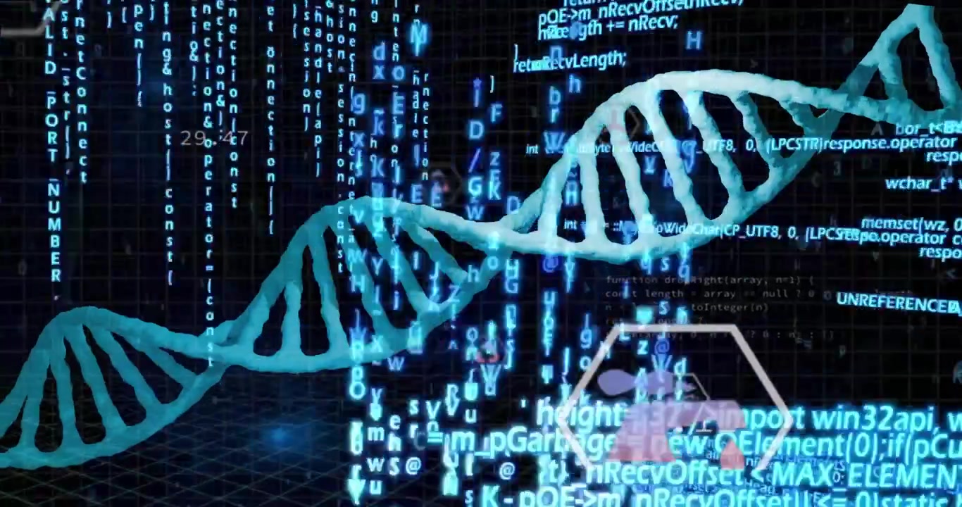 Data influx driving helix shifting turning waving camera panning icons pulsing to show genomic data