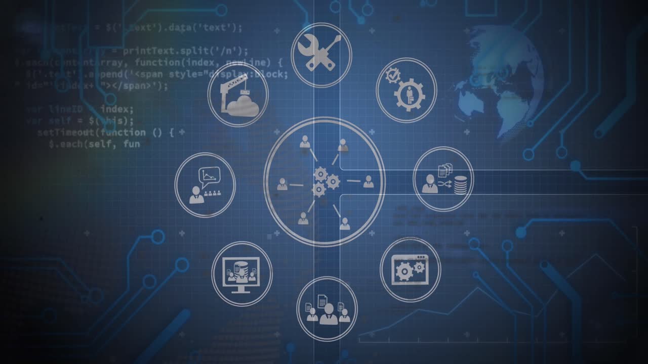 animación del procesamiento de datos sobre un fondo azul