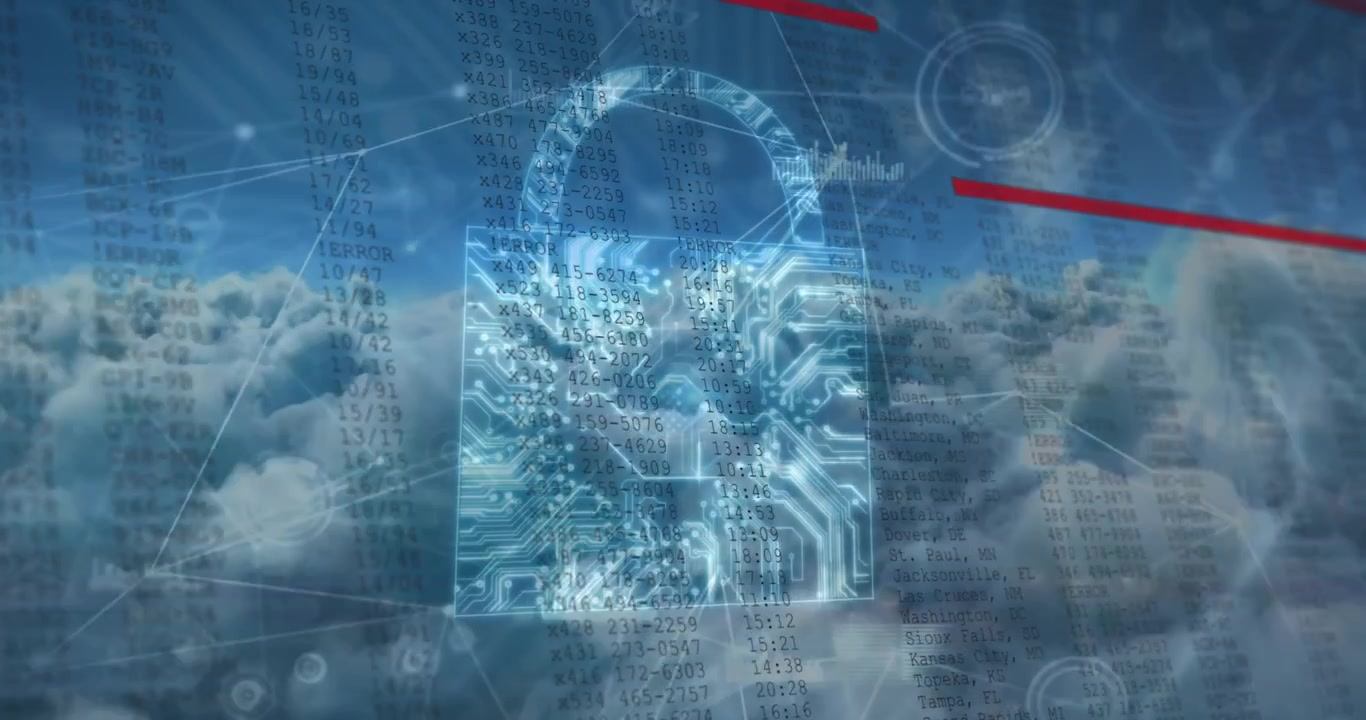 空の雲を背景に、セキュリティ南京錠アイコンとネットワーク接続のアニメーションが表示される。