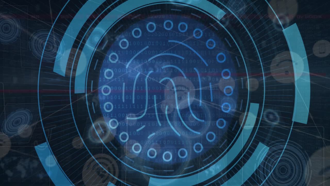 animación de luces azules girando cerradura de caja fuerte con procesamiento de datos sobre fondo negro