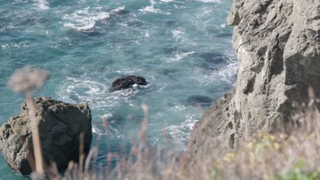 water crashing into rocks and cliffs behind brush in foreground