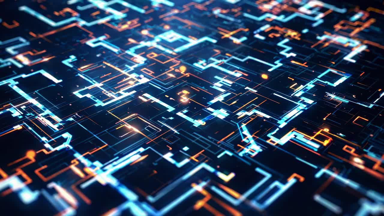 Futuristic circuit board design with glowing lines, captured from a high-angle perspective