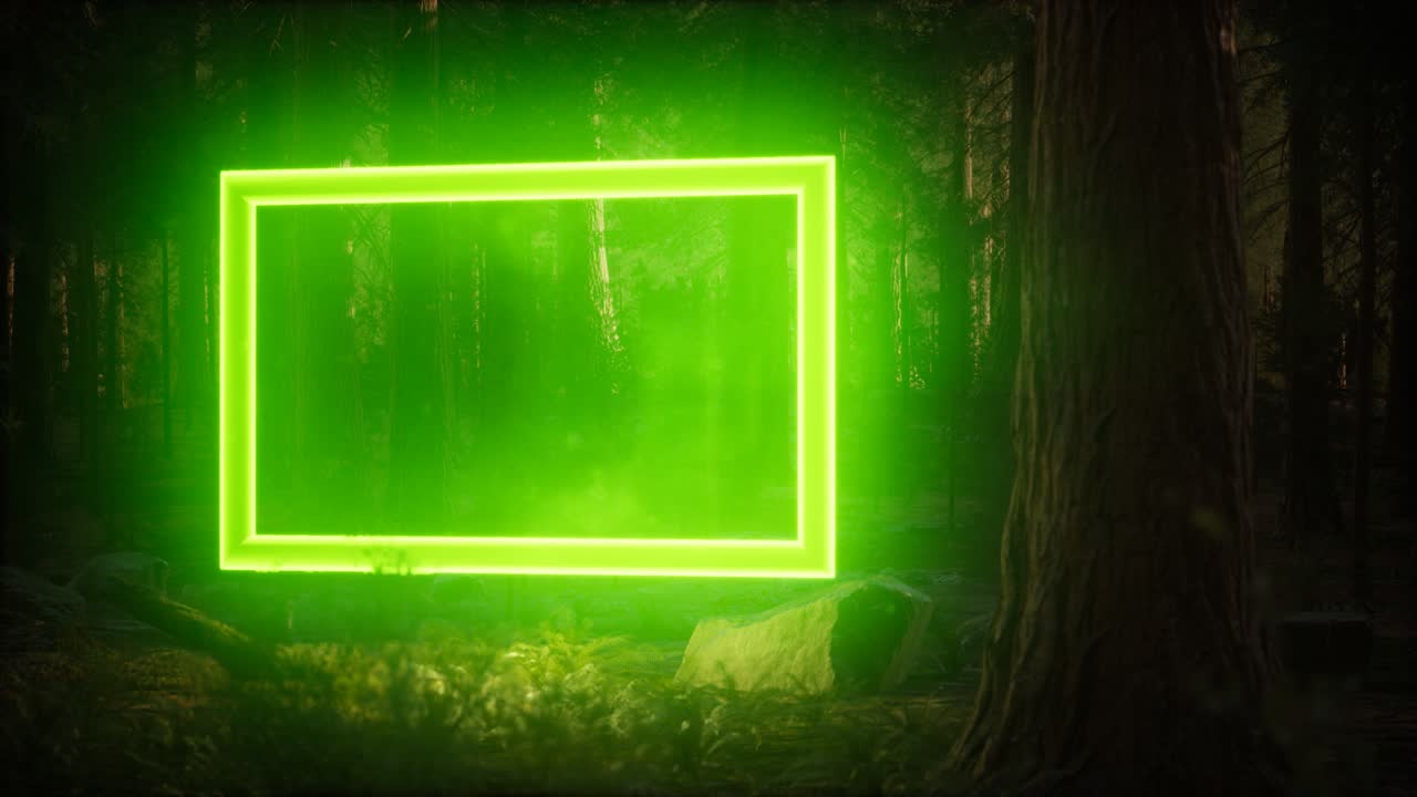 marco rectangular brillante de neón en el bosque nocturno