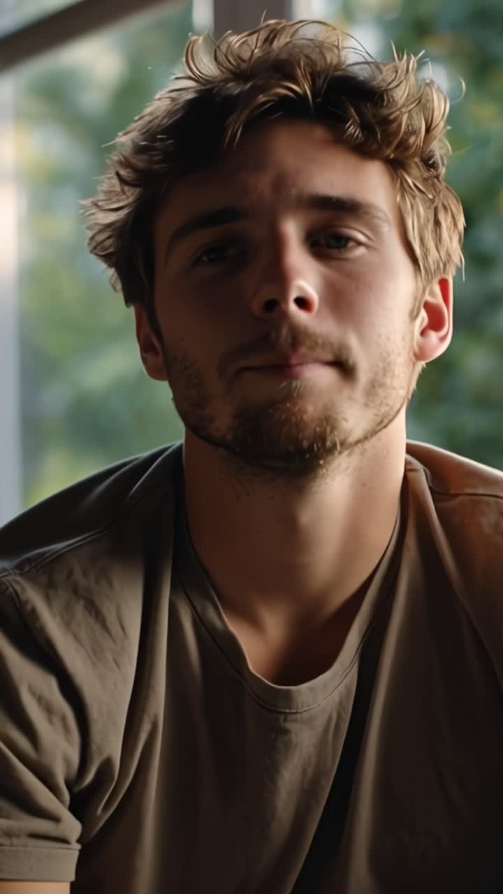 Young man with tousled hair rests hands on his face. Eyes closed, he appears tired or thoughtful. Soft natural light filters through a window behind him