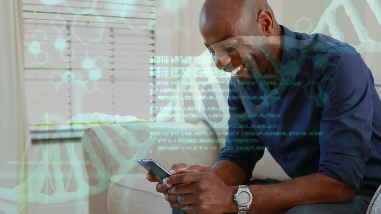 Vertical video: Mature man on couch tapping phone, viewing health DNA code overlay, smiling