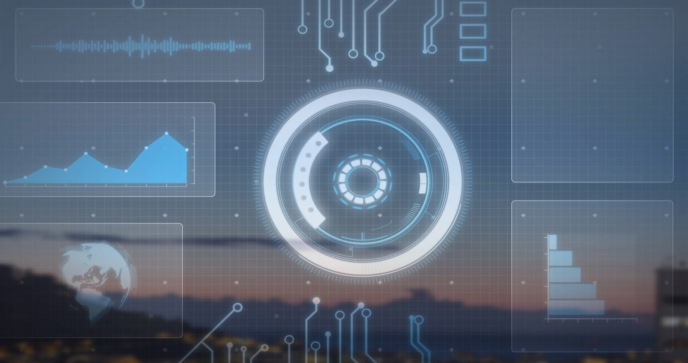 Boot pulse activating central HUD rings forming segments spinning charts shifting showing city data