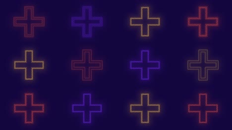 pulsing neon colorful crosses pattern in rows 1