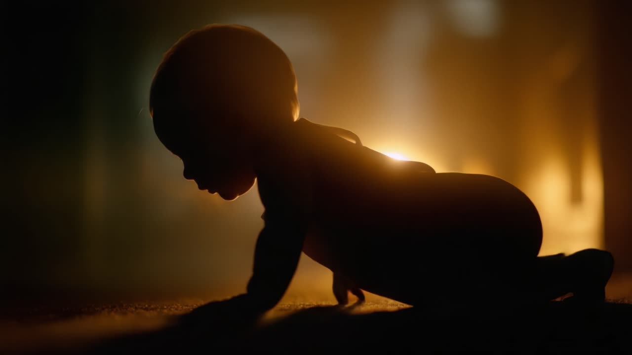 Una silhouette di un bambino che gattona in una luce soffusa e calda, catturando l'innocenza e la curiosità in un tenero momento di esplorazione e giocosità
