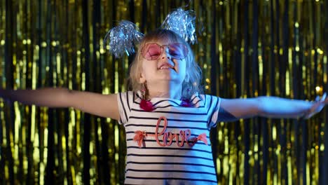 Portrait-of-trendy-stylish-girl-showing-magic-tricks-gestures,-fooling-around-at-disco-night-club