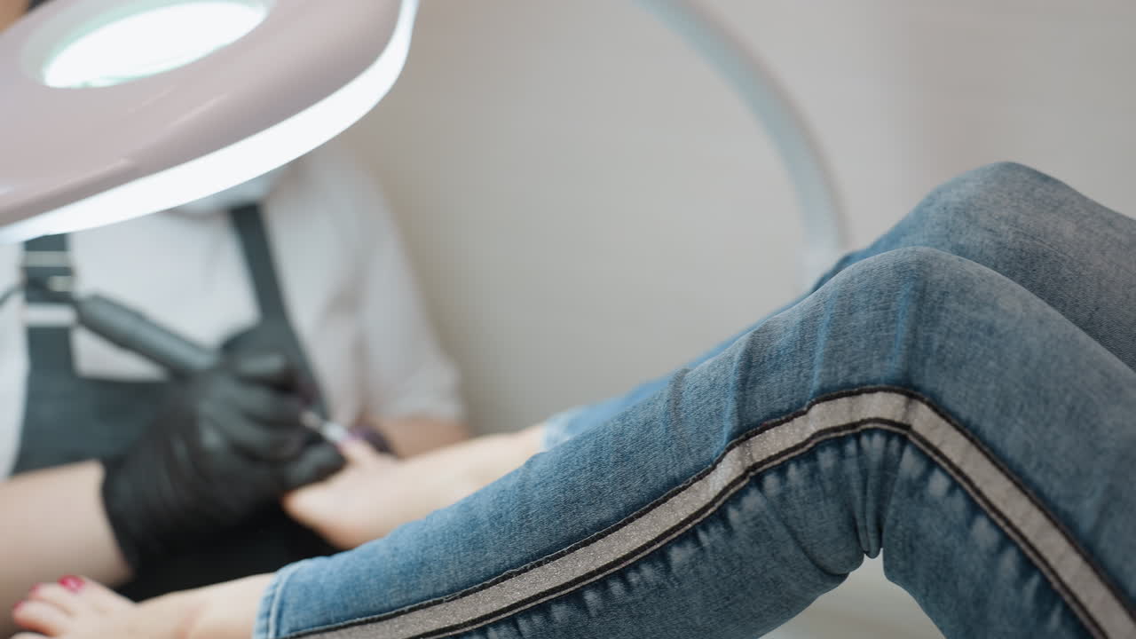 Close up view of client wearing jeans with white and black side stripes receiving pedicure from nail technician under bright lamp while technician uses electric file in clean salon setting