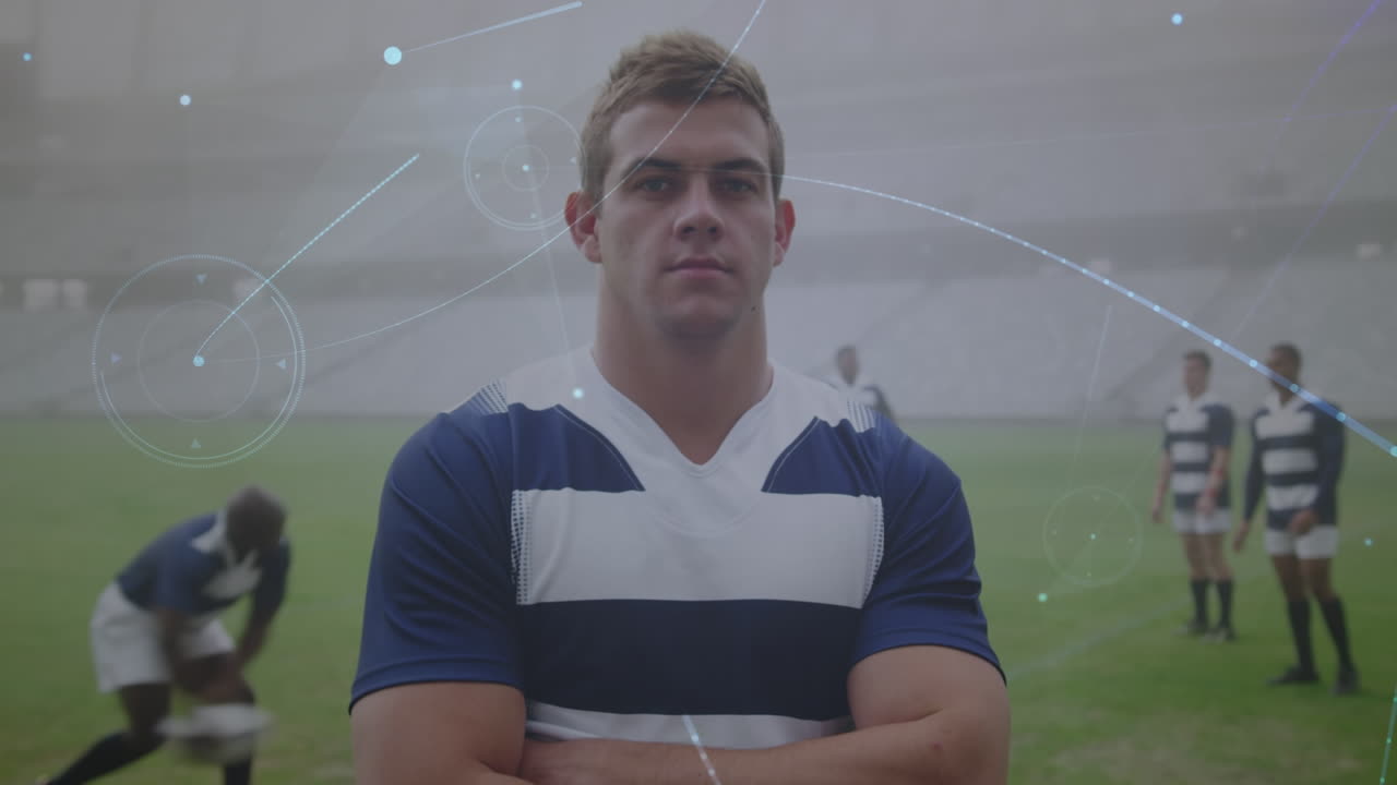 스포츠 경기장에서 카우카스 남성 럭비 선수의 초상화에 대한 연결 네트워크의 애니메이션