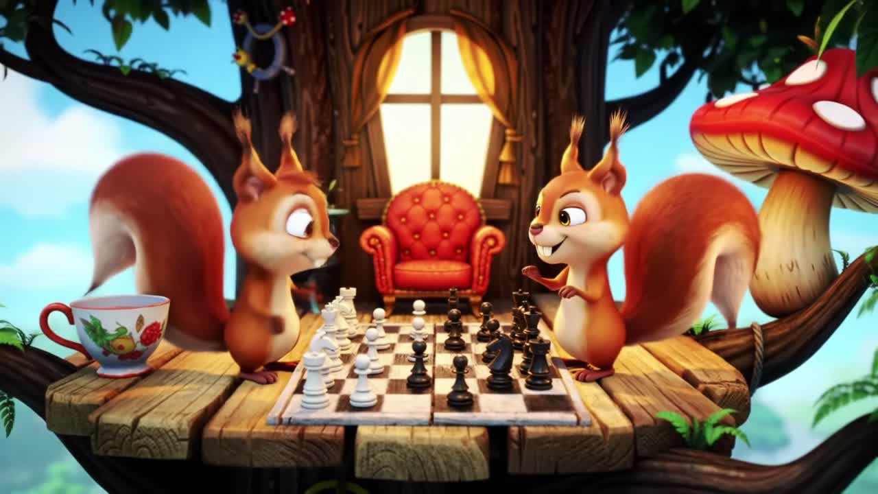 Two playful squirrels engage in a strategic game of chess atop a whimsical treehouse, surrounded by vibrant nature and playful decor that brings the scene to life