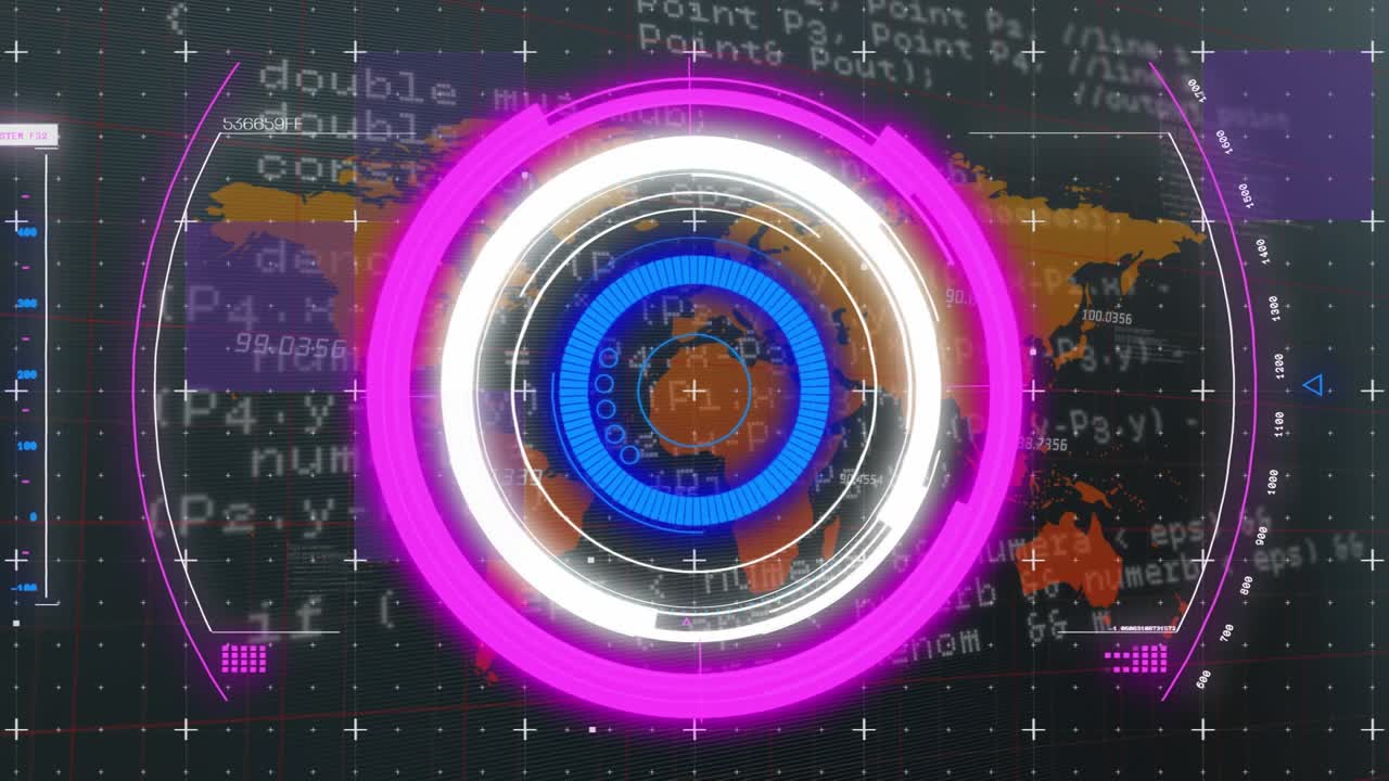 Animation of scope scanning over neon round scanner against world map and data processing
