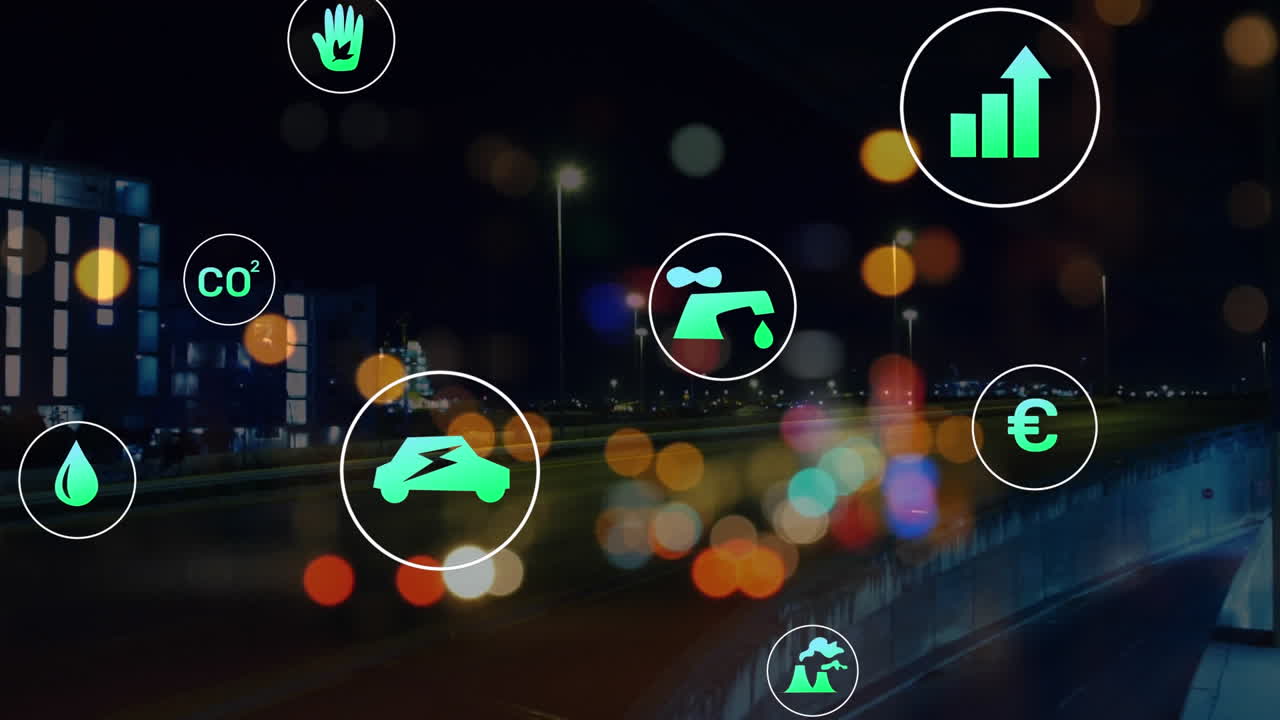 다수의 디지털 아이콘의 애니메이션은 야간 도시 교통의 타임  ⁇ 스 항공 뷰에 대항합니다.