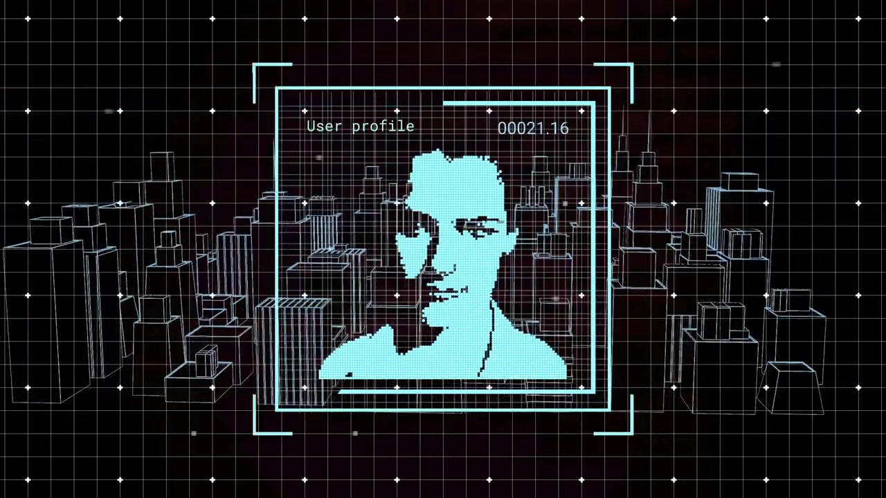 Animaatio sosiaalisen median käyttäjistä ja metaversumikaupungista mustassa digitaalisessa tilassa.