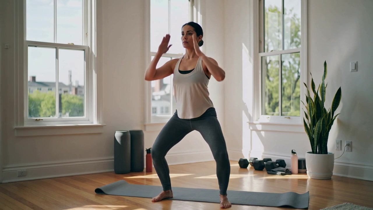 Donna in canotta bianca e leggings inizia a fare squat e allungamenti su un tappetino da yoga a casa per il fitness.