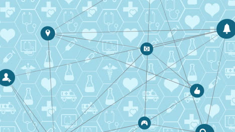 animation of network of connections with icons over medicine icons