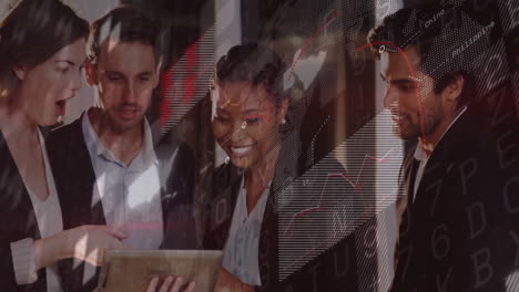 business team discussing over digital financial data and graphs animation