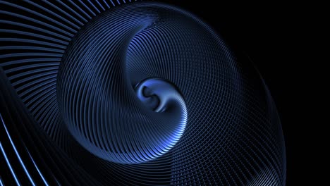 4k abstract looped dark background with curved lines like tubes twisted in helix and blue neon light running on tubes. round composition. vj loop with brigh neon light. abstract spiral.