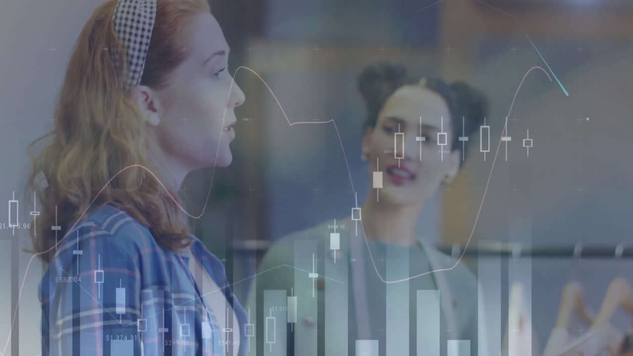 Animation of data processing over two diverse female fashion designers discussing at studio