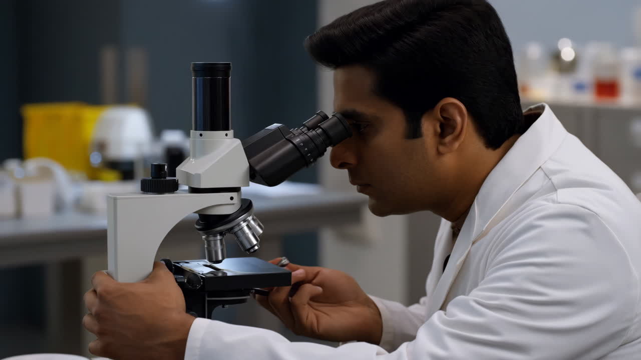A scientist using a microscope in a laboratory