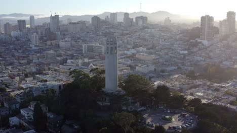 aerial, san francisco coit tower and cityscape, panning right drone 07