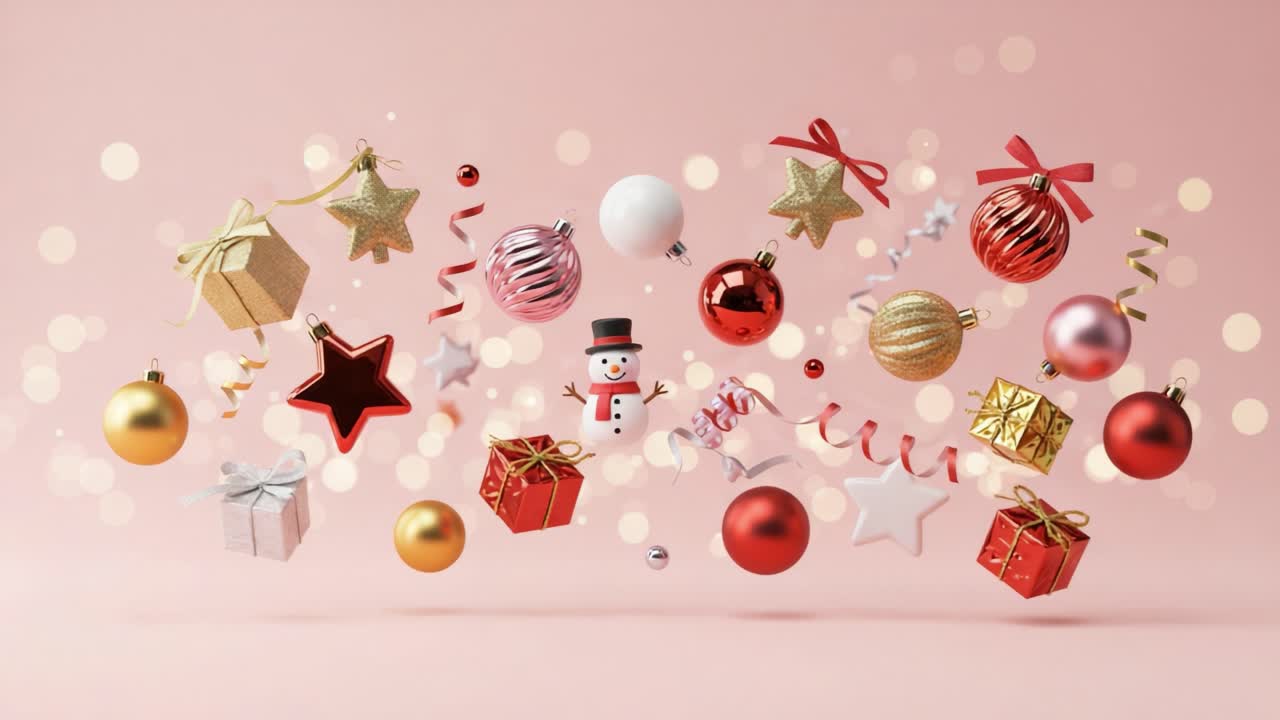 A Beautiful Collection of Festive Christmas Decorations with Shiny Ornaments, Ribbons, and a Cheerful Snowman on a Soft Pink Background Surrounded by Bokeh Lights