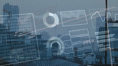 animación del procesamiento de datos financieros sobre el paisaje urbano