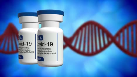 generic, unbranded vials of covid-19 vaccine in front of a blurred dna background - loopable