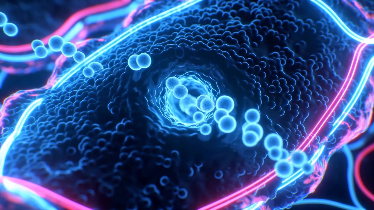 Una vista ravvicinata mostra forme circolari luminose che fluttuano su una texture scura increspata, mentre bordi neon curvi scorrono intorno alla superficie, con riflessi luminosi, contrasto profondo e una composizione astratta dinamica.