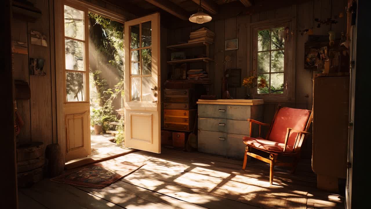 A Cozy, Sunlit Room with Open Doors Enhancing Natural Light and Serenity, Featuring a Wooden Chair, Shelves, and Lush Greenery Visible from the Outside, Inviting Peacefulness