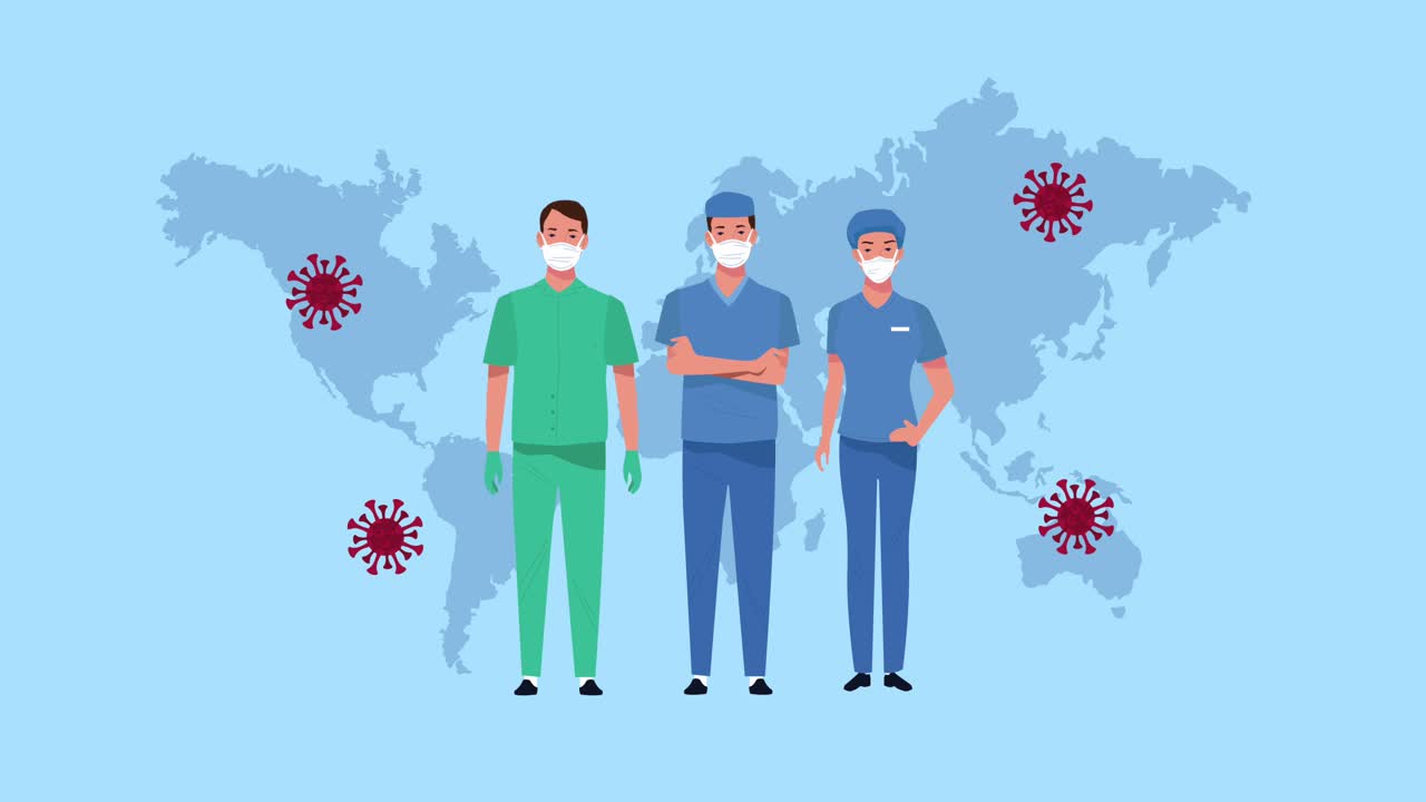 지구 행성 애니메이션에서 마스크를 착용한 의료진