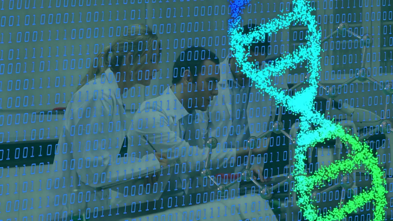 Lab team testing center handling sample starting binary layer right holding model DNA helix forming