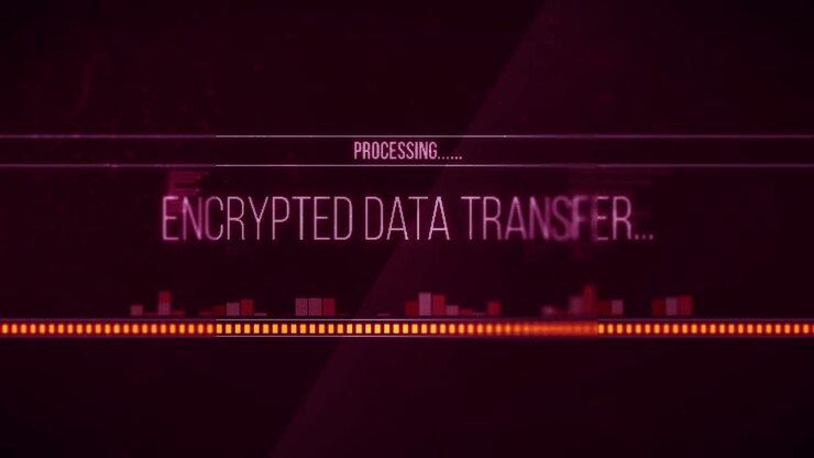 Animation of encrypted data transfer processing text flashing digital interface