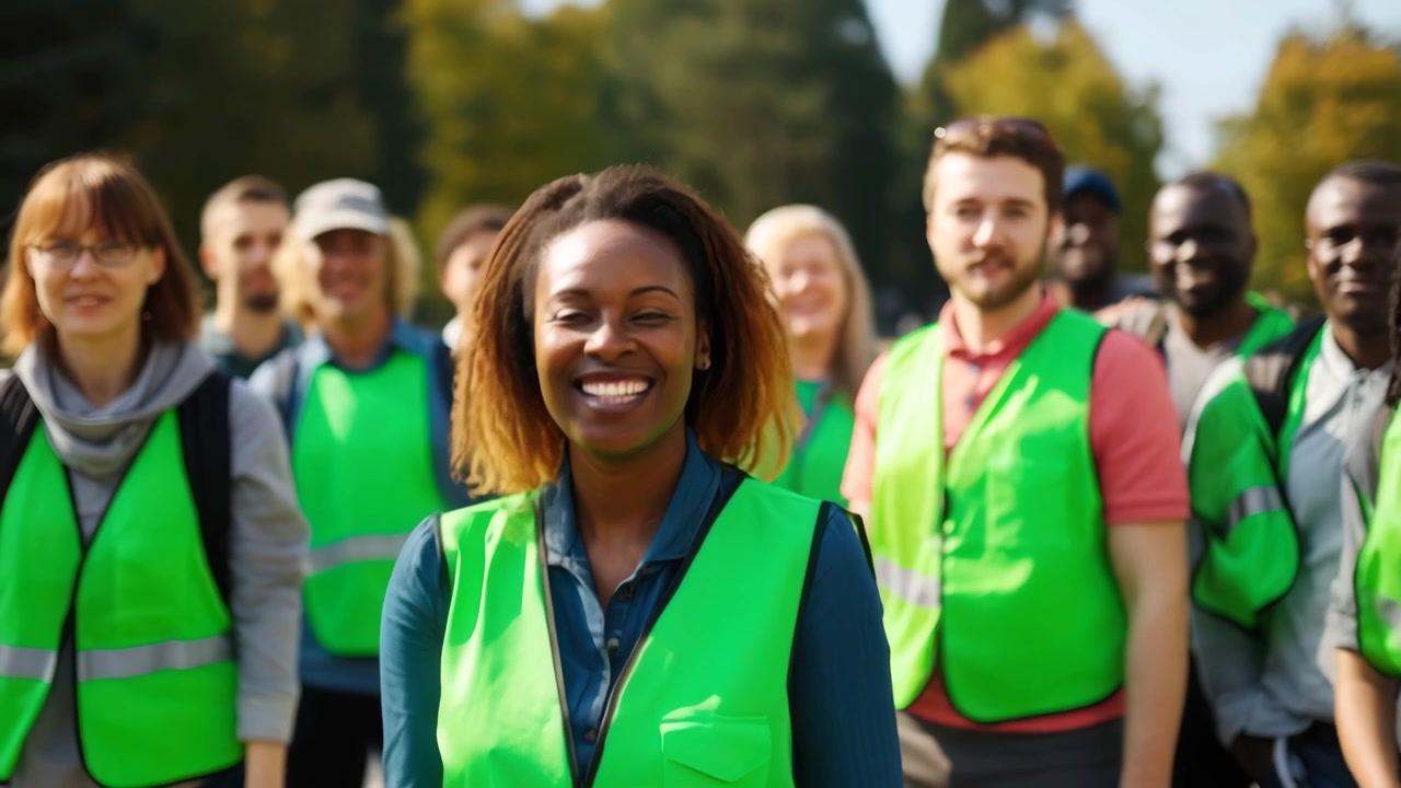 Diverse Group of Volunteers Walking Together in a Park