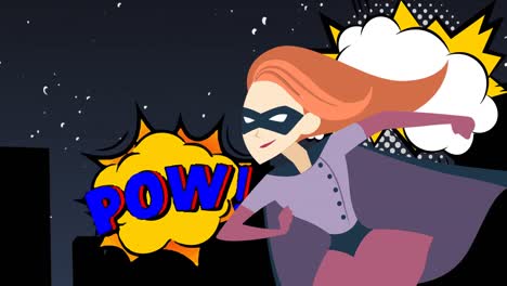 animation of retro cartoon speech bubbles and female superhero flying over cityscape at night