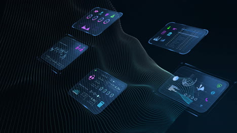 animation of financial data processing over shapes on black background