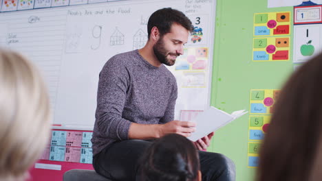 Männlicher-Lehrer-Liest-Einer-Gruppe-Von-Grundschülern-Im-Klassenzimmer-Eine-Geschichte-Vor