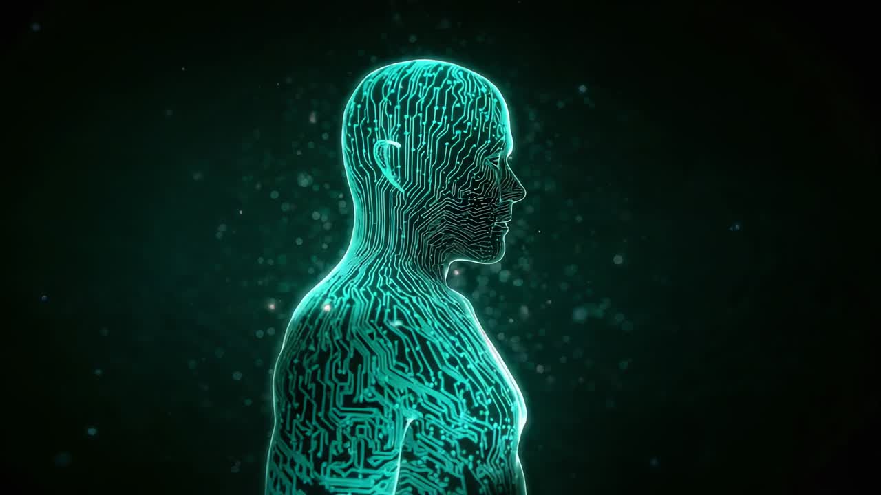 Secuencia que comienza animando un holograma color verde azulado neón que palpita en el pecho y rastrea circuitos en un vacío oscuro