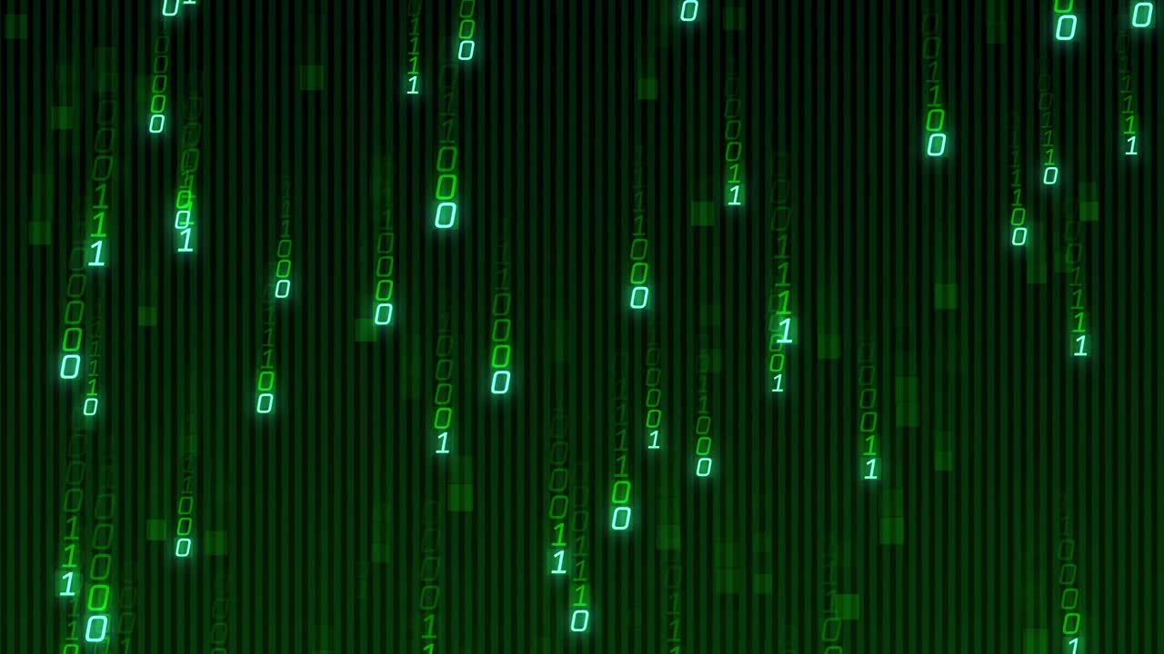 Animation of green binary coding data processing over black background