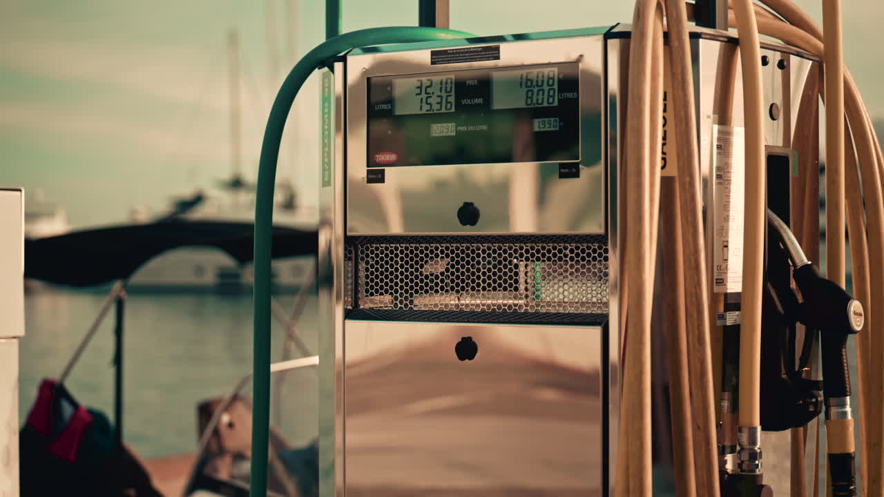 Various hoses coloured in yellow, green, and blue, hang beside modern marina fuel pumps, boat at the fuel station