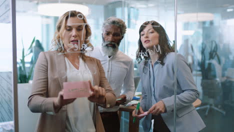 business people using sticky notes brainstorming team leader woman working with colleagues writing on glass whiteboard showing problem solving strategy in office meeting