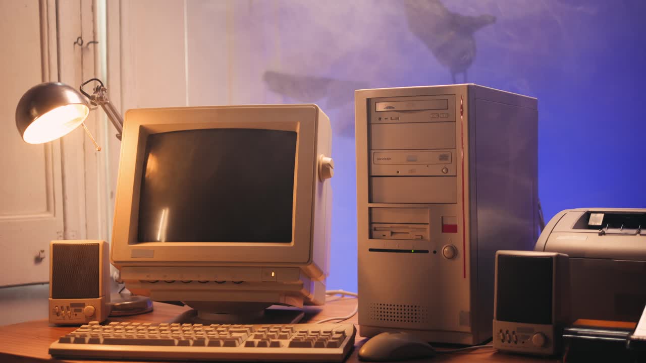 Retro pc computer gaming, Desktop vintage with loading code console, programmer making scripts, green basic screen, Old computer studio close-up, retro wave display, late 90s PC.