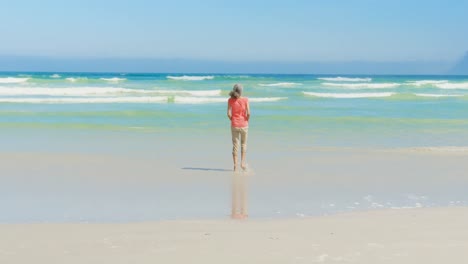 Vista-Trasera-De-Una-Mujer-Afroamericana-Senior-Activa-Caminando-Hacia-El-Mar-En-La-Playa-Bajo-El-Sol-4k