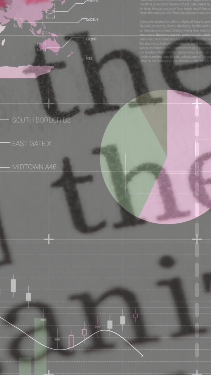 Vertikales Video: Beim Laden hält ein Serifenschriftwort, während HUD-Diagramme verblassen, gleiten und wachsen, um Daten anzuzeigen.