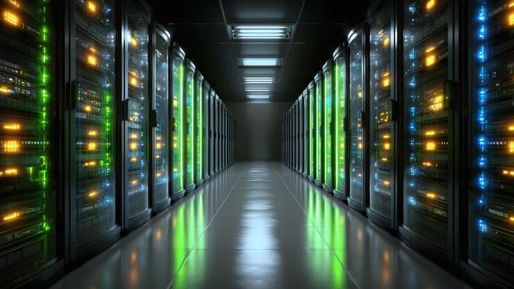 A High-Tech Data Center Featuring Rows of Server Racks Radiating Vibrant Lights, Illuminating an Efficient Tech Environment Ready for Data Processing and Storage