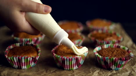 cupcake decorating. hands holding piping bag filled with cream