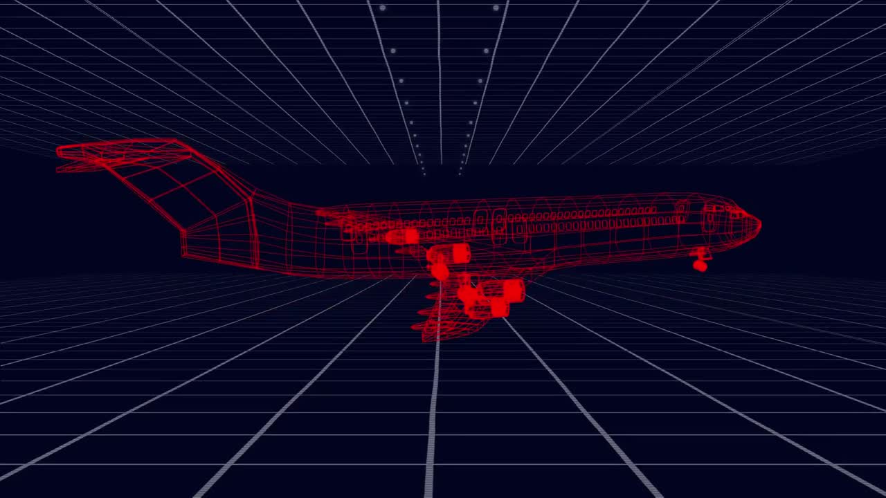 비행기 모델의 3d 기술 도면의 애니메이션