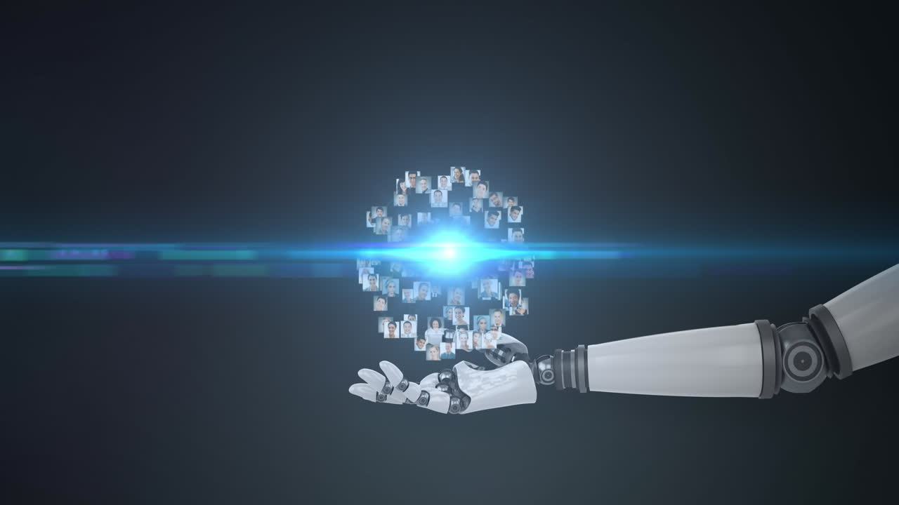 어두운 배경에 움직이는 빛과 함께 로 ⁇  팔의 손을 통해 사람들의 성장하는 네트워크의 애니메이션