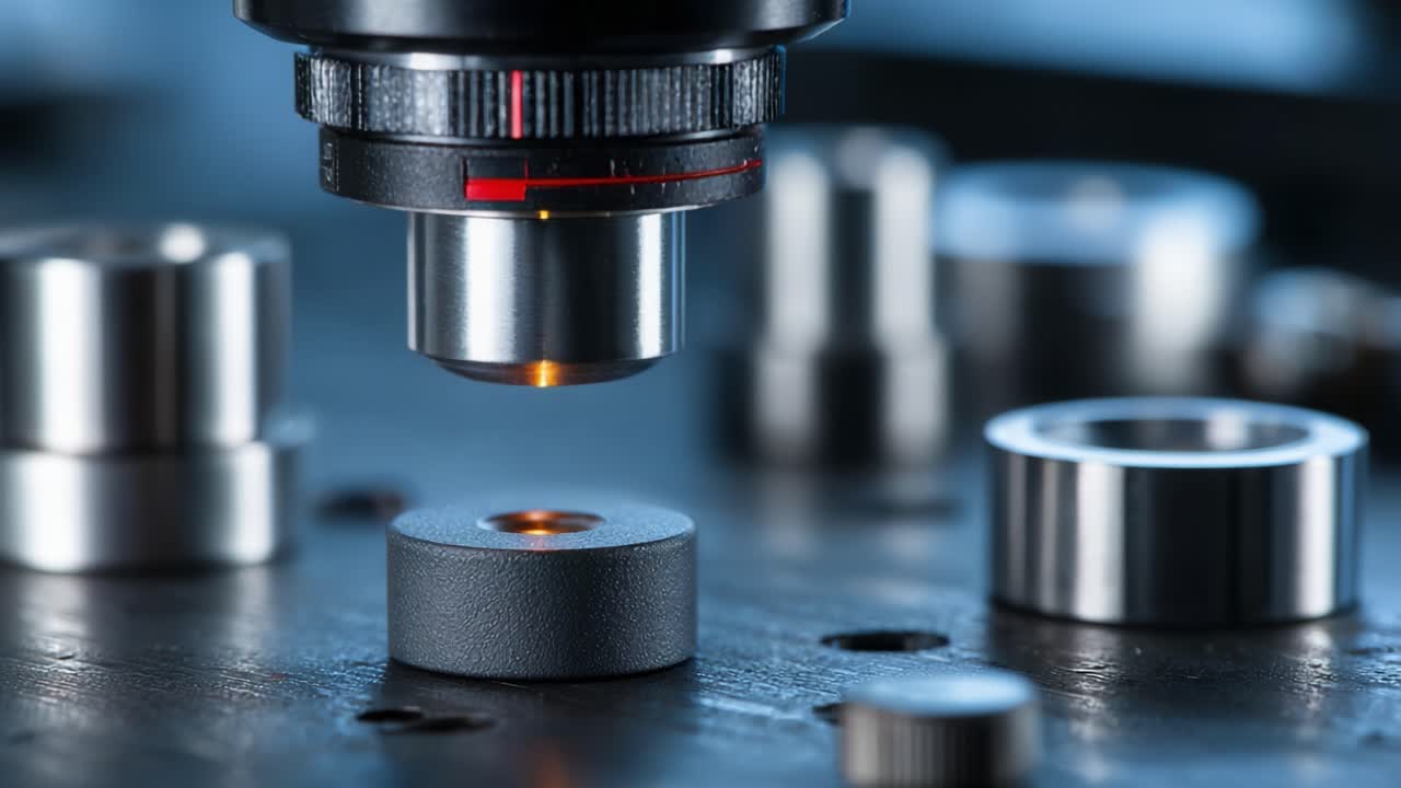 Precision Engineering: Close-Up View of a Microscope Inspecting Metallic Components on a Workbench in a Modern Manufacturing Environment